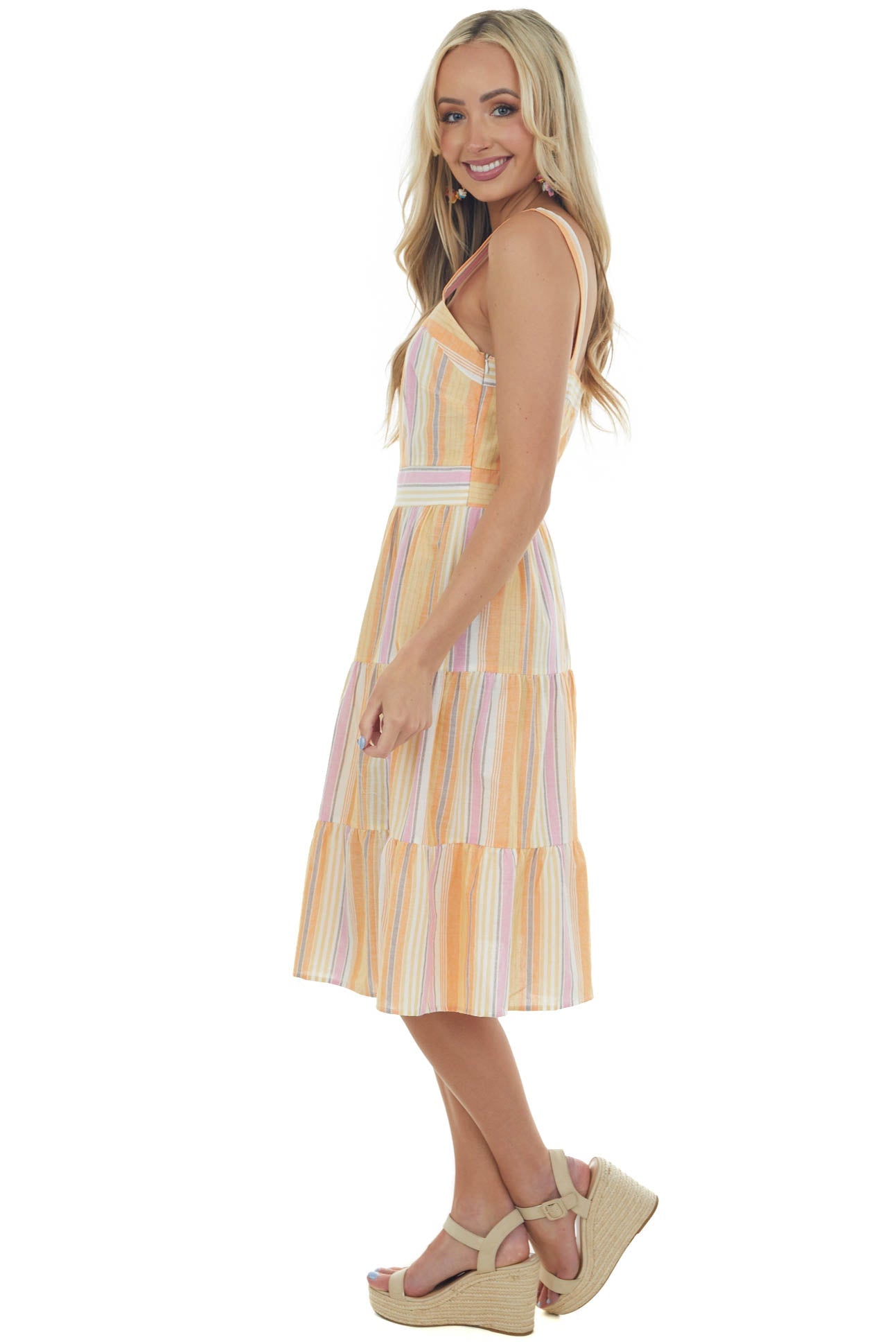Papaya Striped Square Neck Tiered Midi Dress
