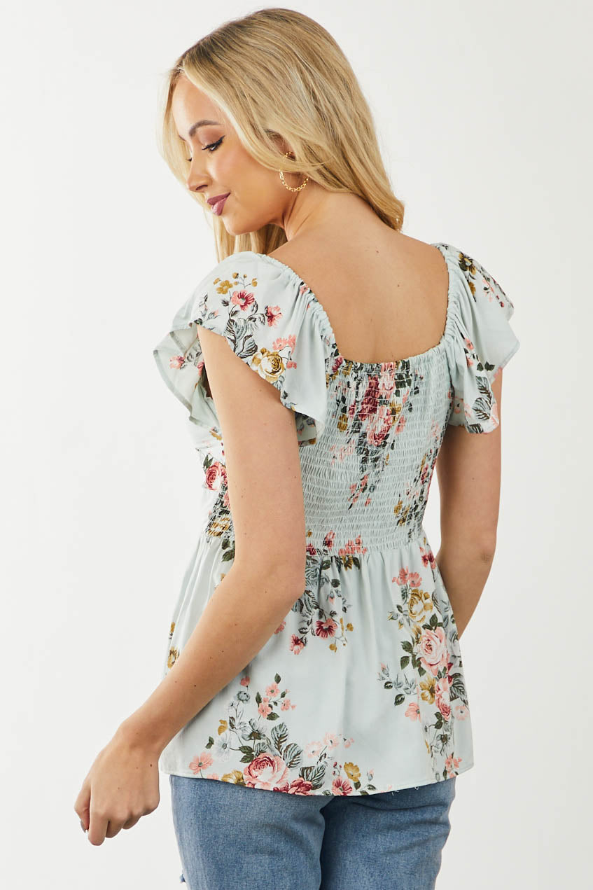 Pastel Blue Floral Front Knot Flutter Sleeve Top