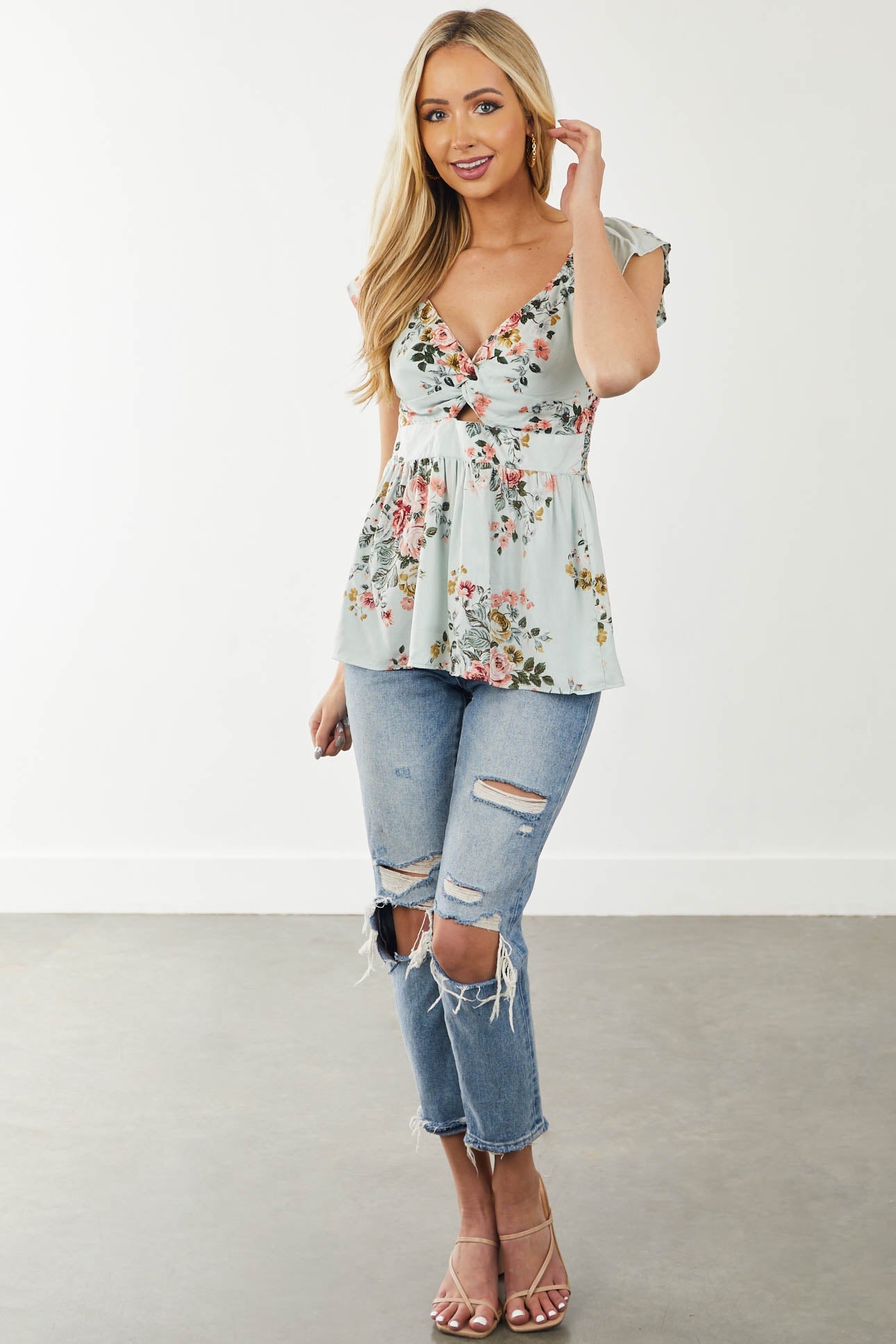 Pastel Blue Floral Front Knot Flutter Sleeve Top
