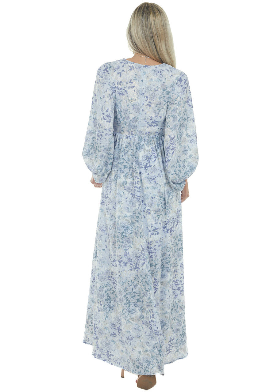 Pastel Blue Floral Print Cut Out Maxi Dress