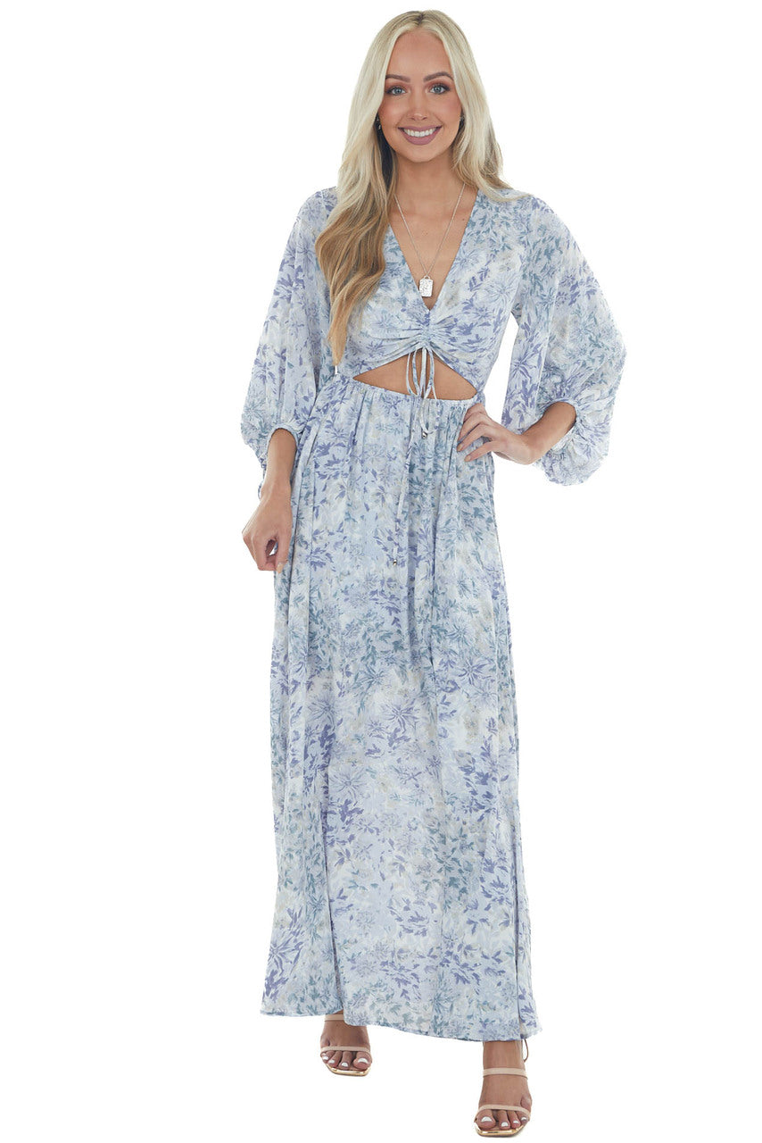 Pastel Blue Floral Print Cut Out Maxi Dress