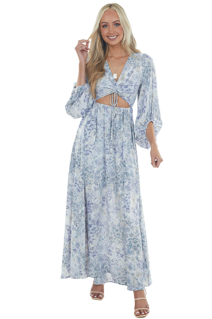 Pastel Blue Floral Print Cut Out Maxi Dress
