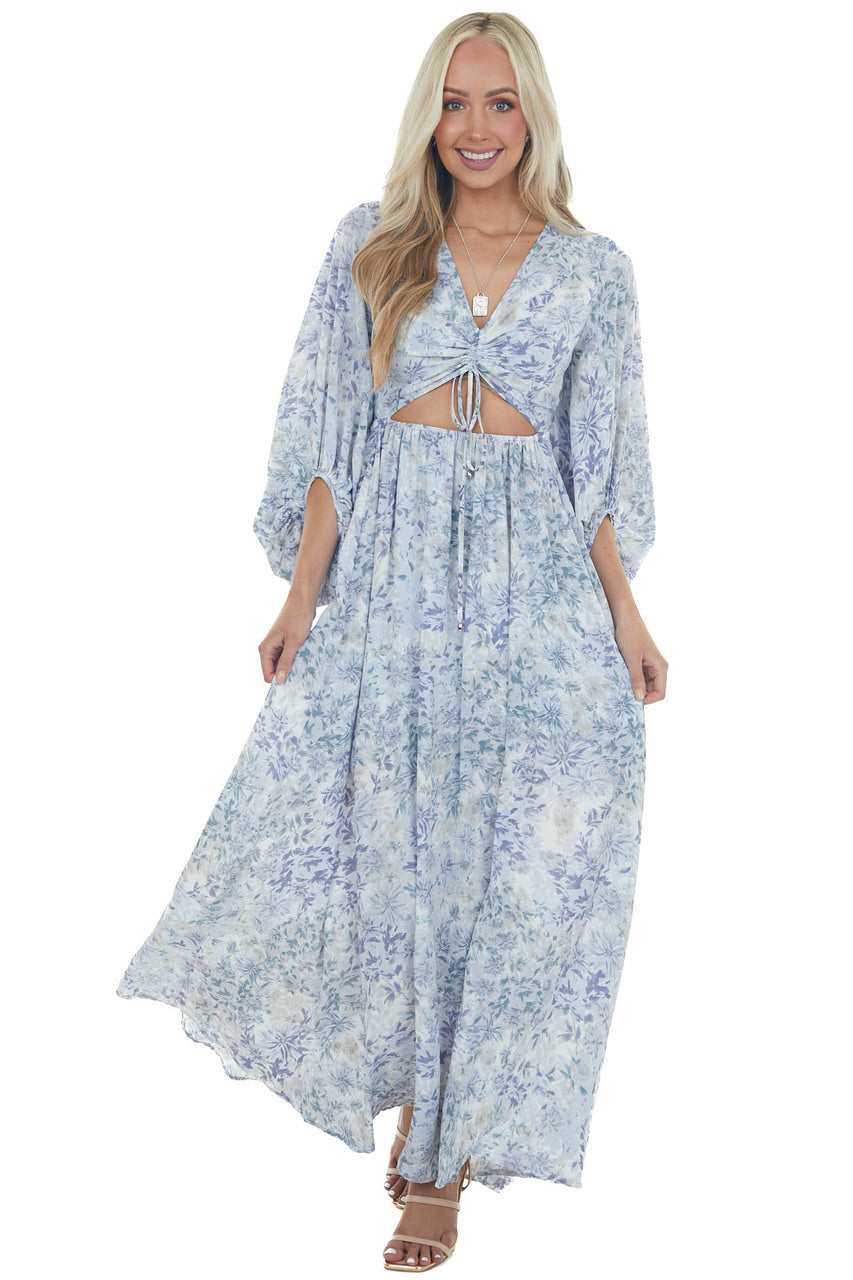 Pastel Blue Floral Print Cut Out Maxi Dress