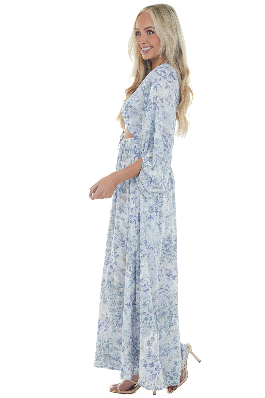 Pastel Blue Floral Print Cut Out Maxi Dress