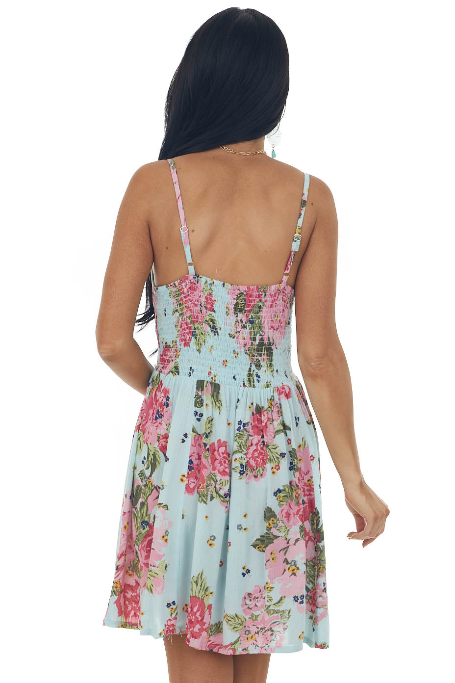 Pastel Blue Floral Print Smocked Short Dress