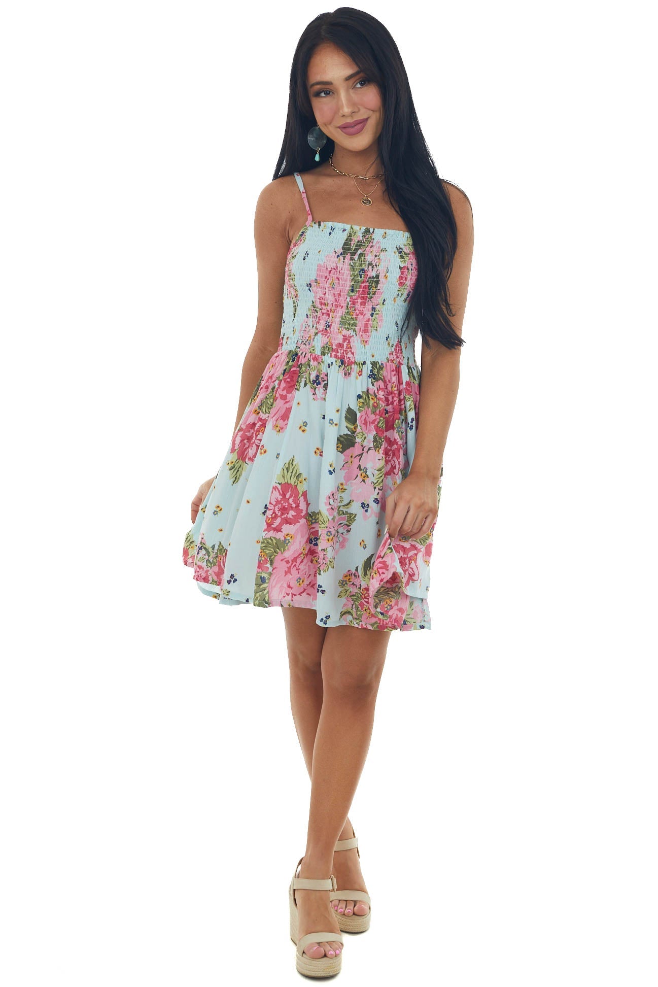 Pastel Blue Floral Print Smocked Short Dress