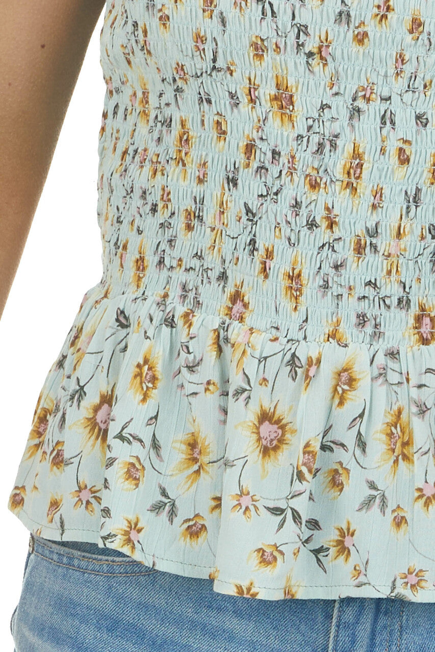 Pastel Blue Floral Print Smocked Tank Top 