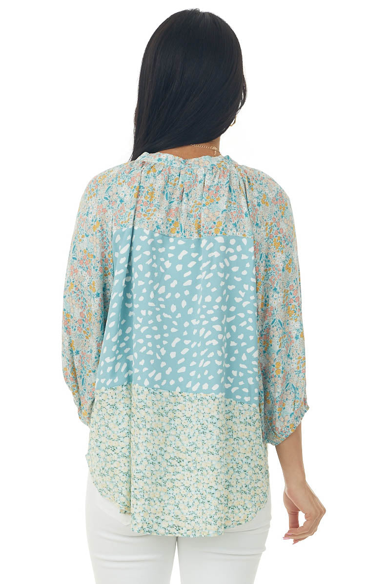 Pastel Blue Multiprint Notch Neck Woven Blouse
