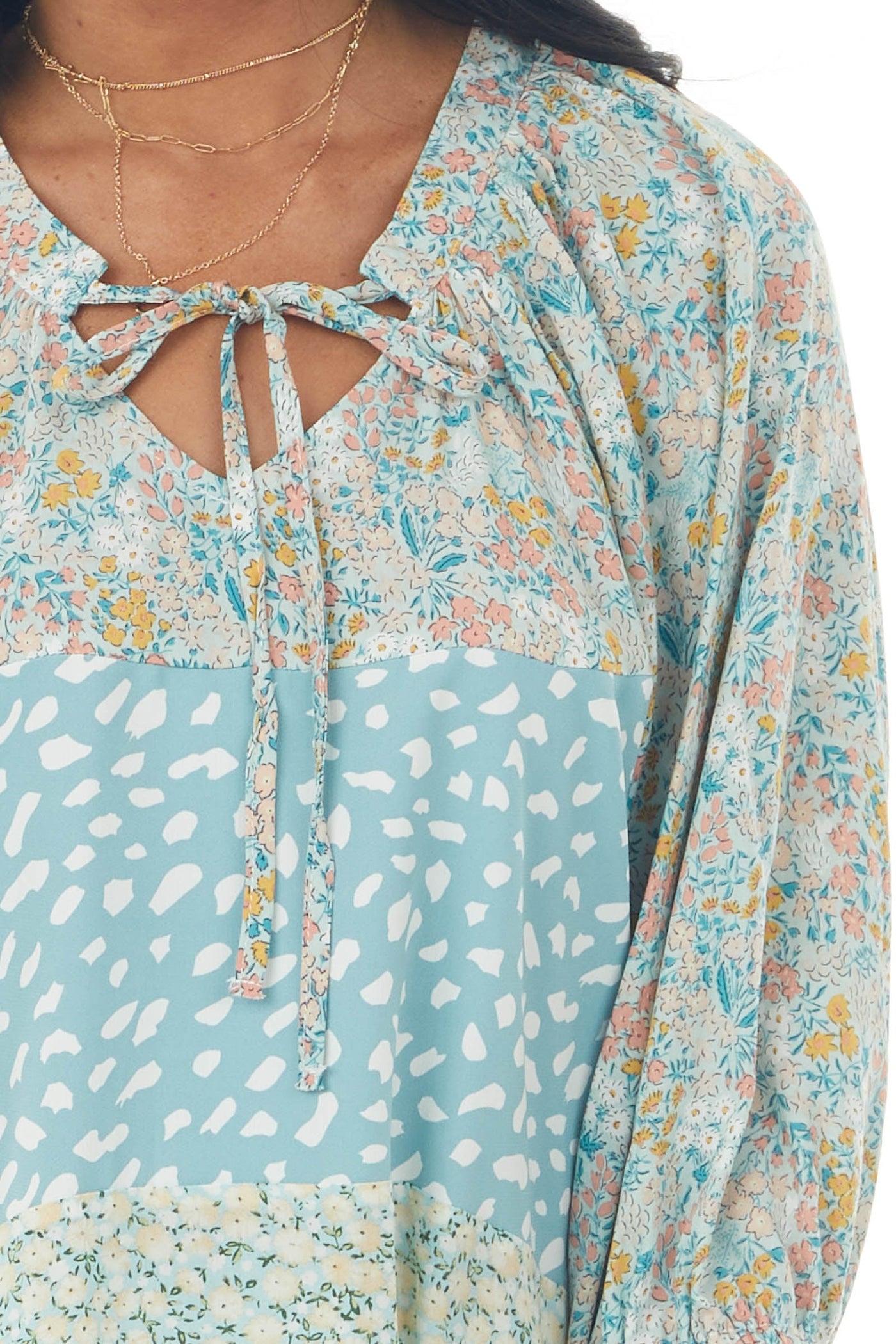 Pastel Blue Multiprint Notch Neck Woven Blouse