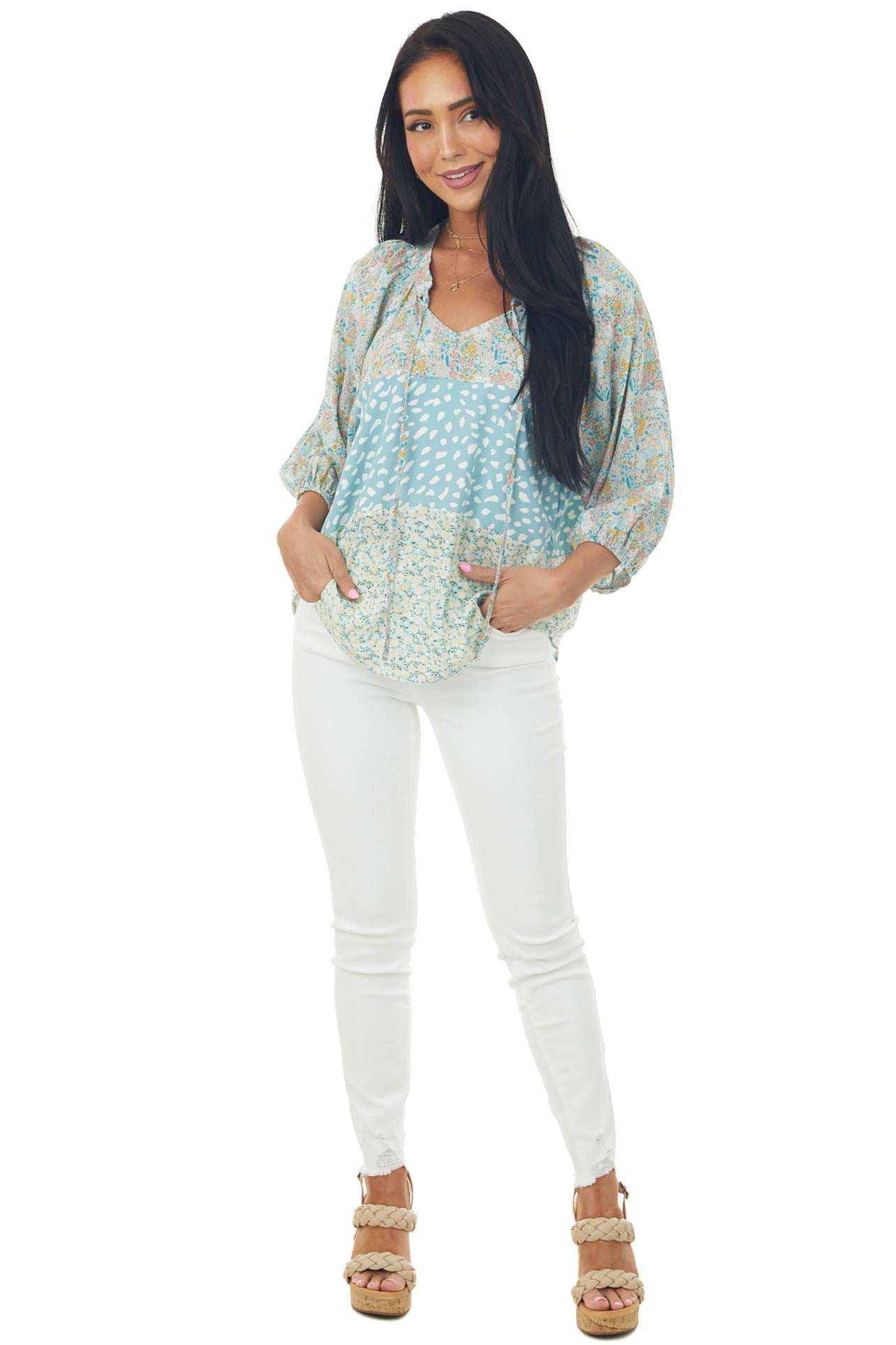 Pastel Blue Multiprint Notch Neck Woven Blouse