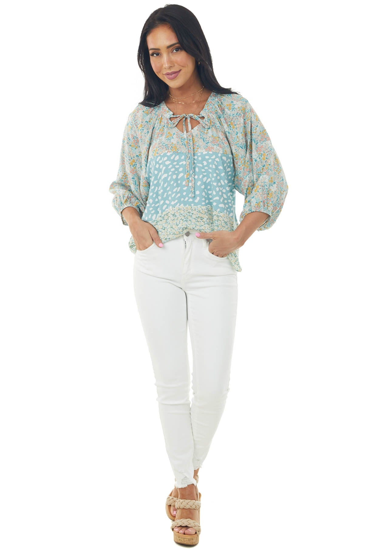 Pastel Blue Multiprint Notch Neck Woven Blouse