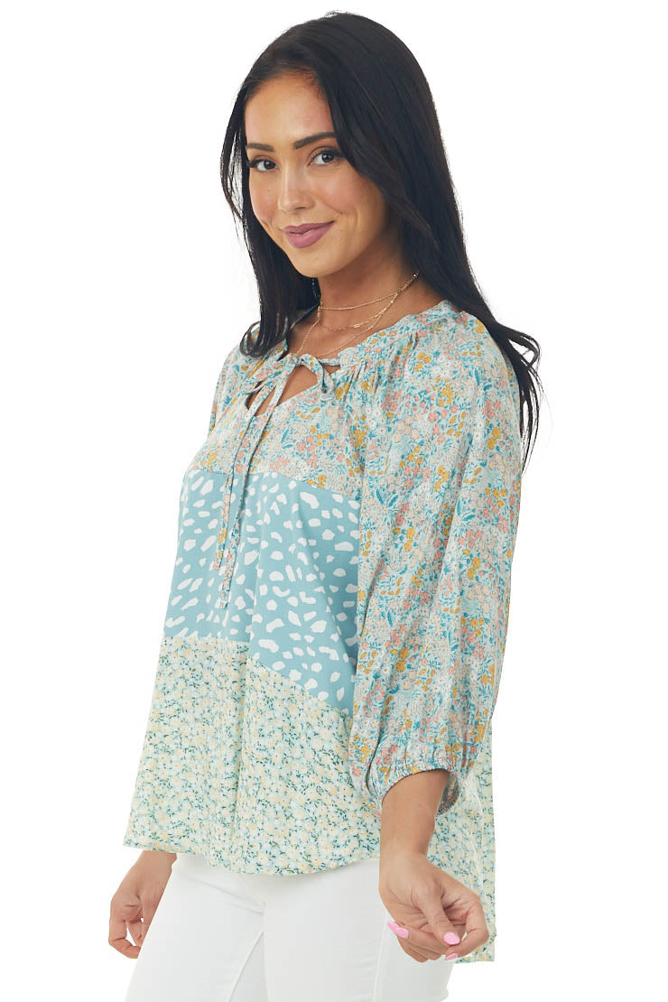 Pastel Blue Multiprint Notch Neck Woven Blouse