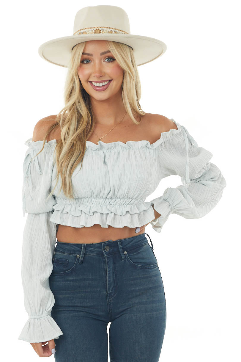 Pastel Blue Peasant Sleeve Ruffle Crop Top
