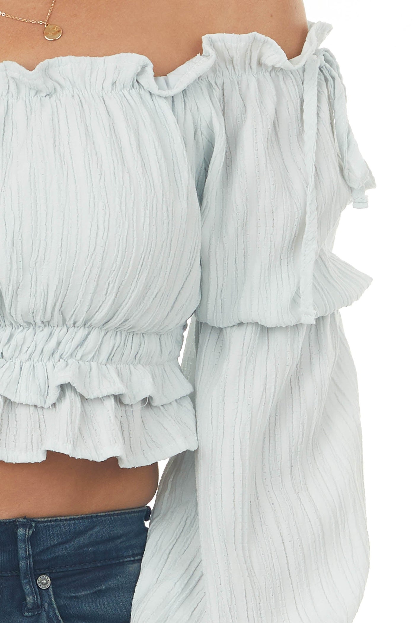 Pastel Blue Peasant Sleeve Ruffle Crop Top