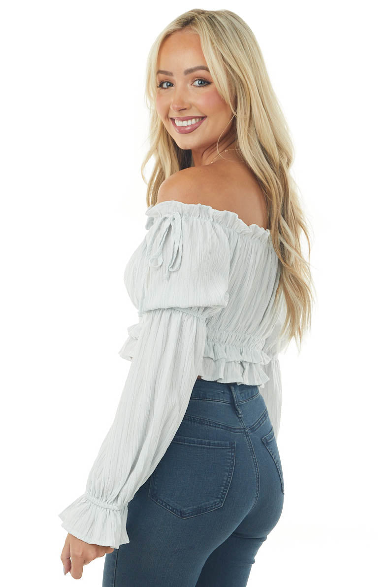 Pastel Blue Peasant Sleeve Ruffle Crop Top