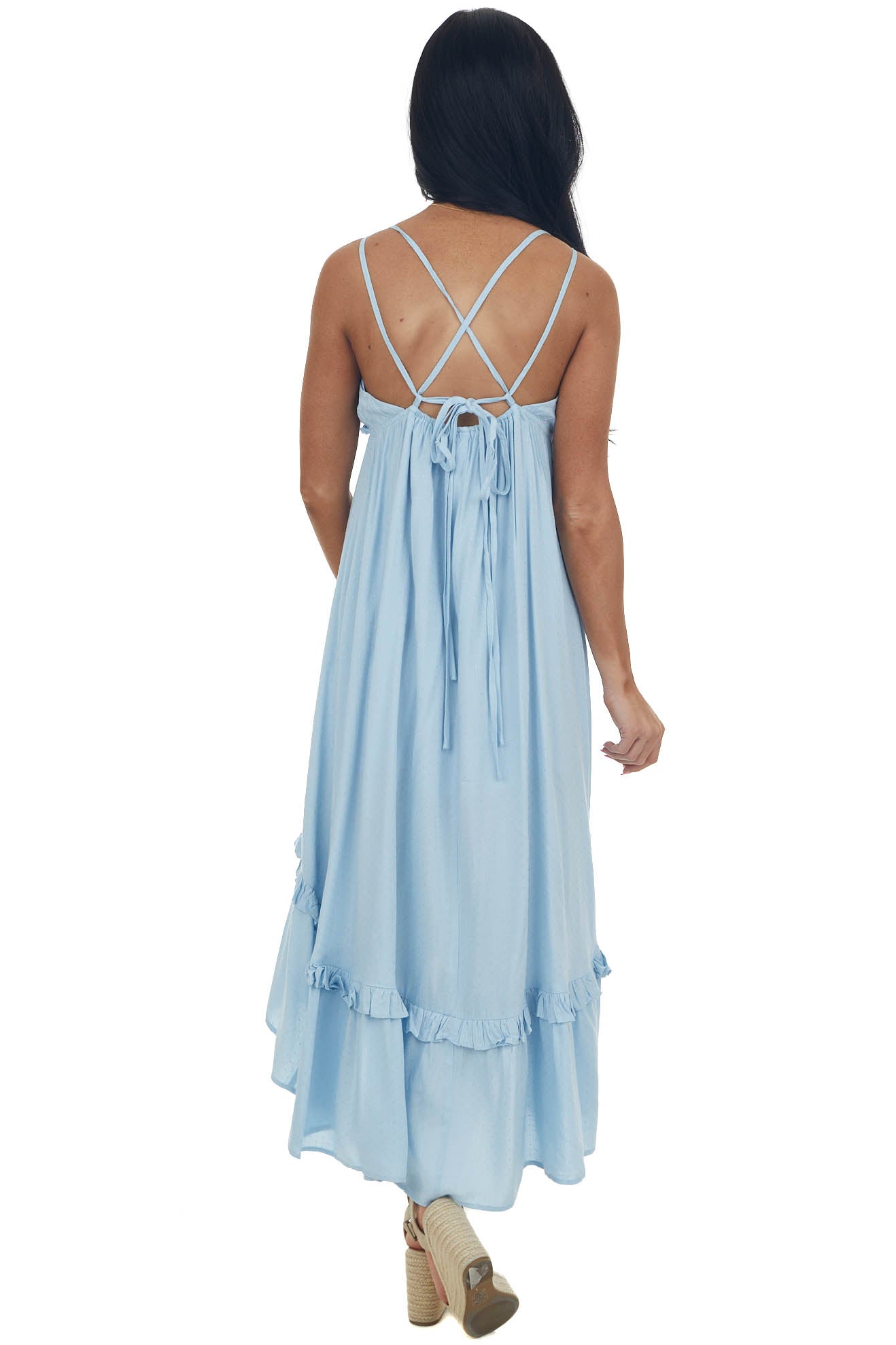 Pastel Blue Plunging V Neck Babydoll High Low Dress