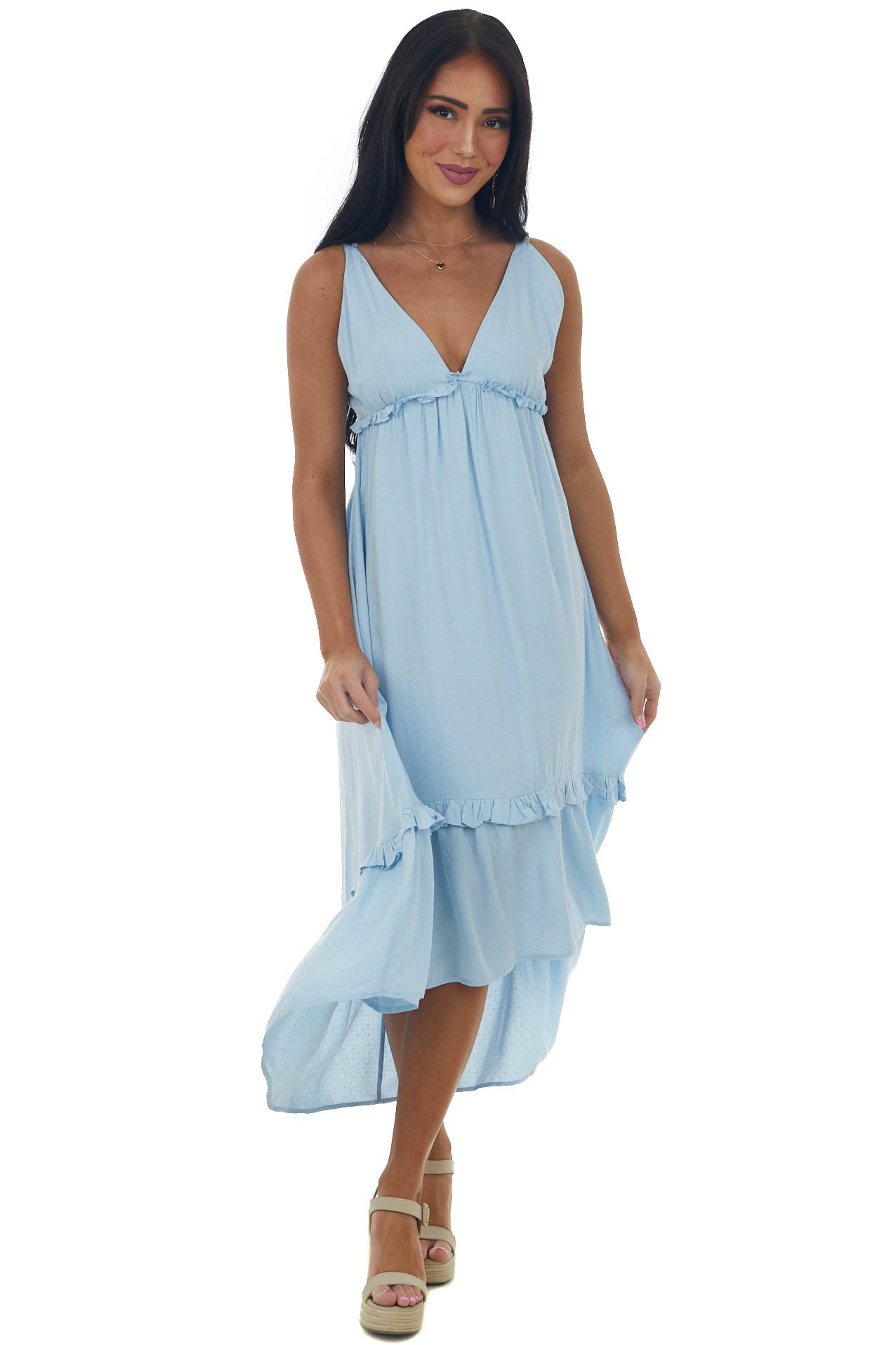 Pastel Blue Plunging V Neck Babydoll High Low Dress