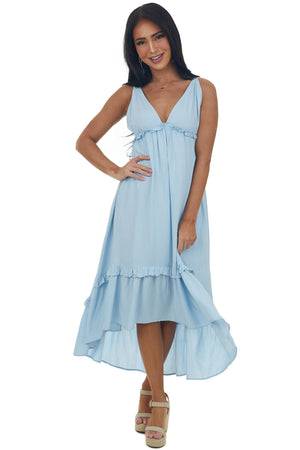 Pastel Blue Plunging V Neck Babydoll High Low Dress