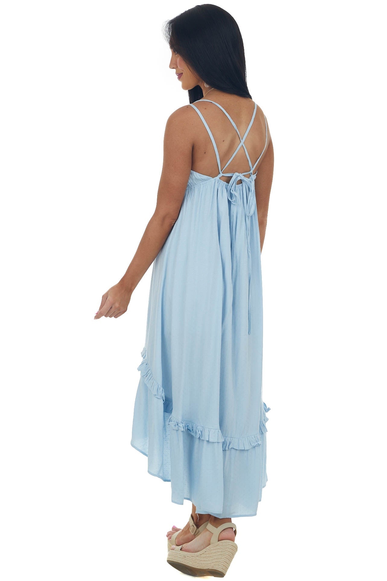 Pastel Blue Plunging V Neck Babydoll High Low Dress