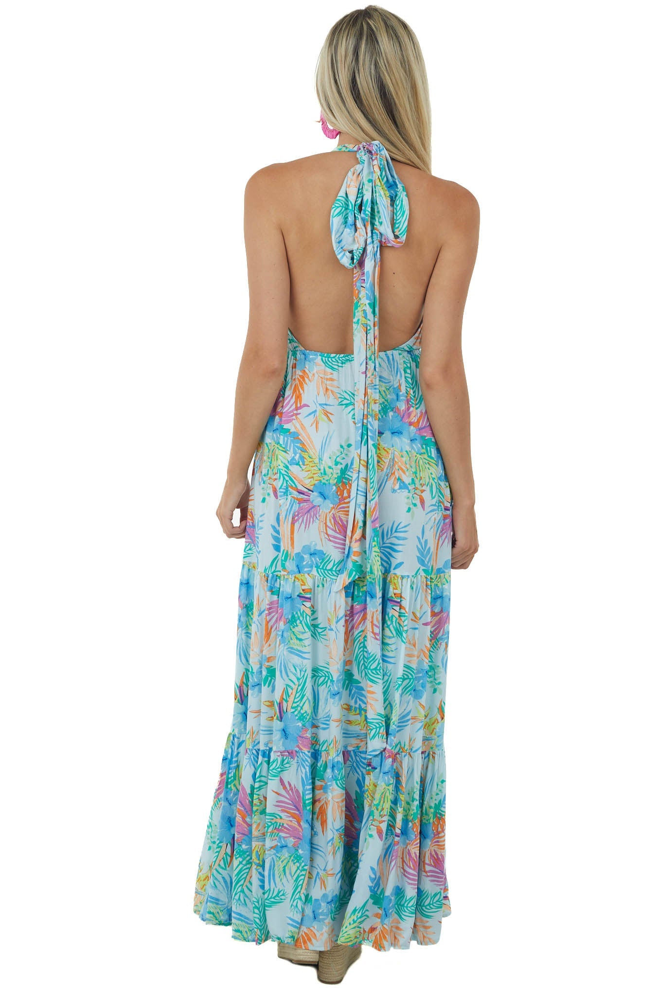 Pastel Blue Tropical Floral Halter Neck Maxi Dress