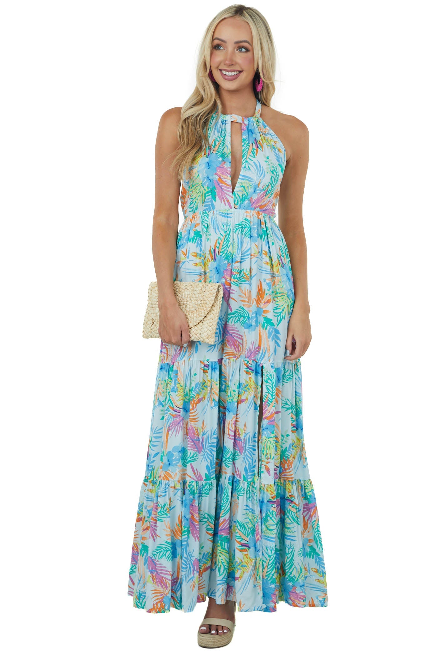 Pastel Blue Tropical Floral Halter Neck Maxi Dress
