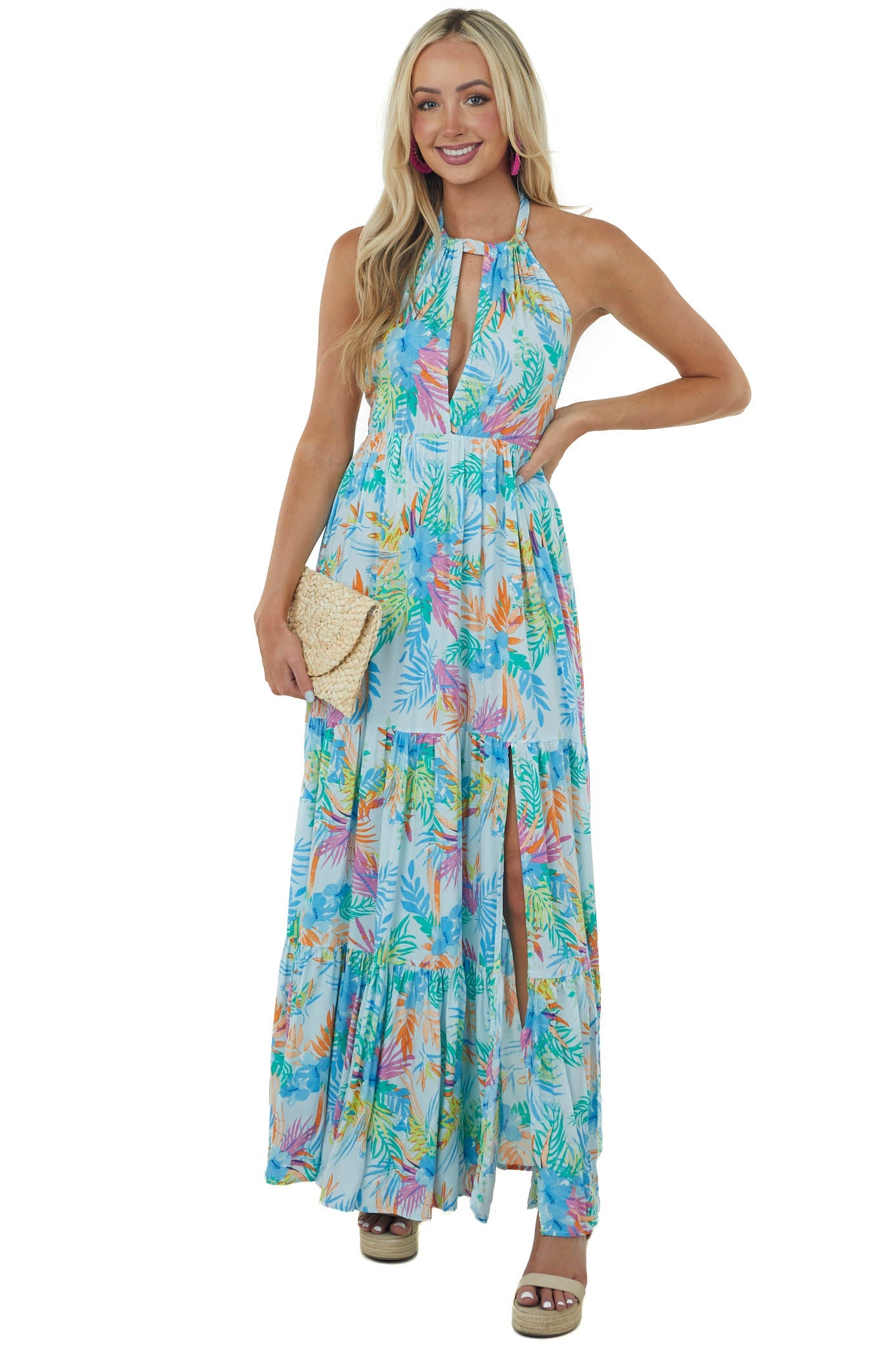 Pastel Blue Tropical Floral Halter Neck Maxi Dress