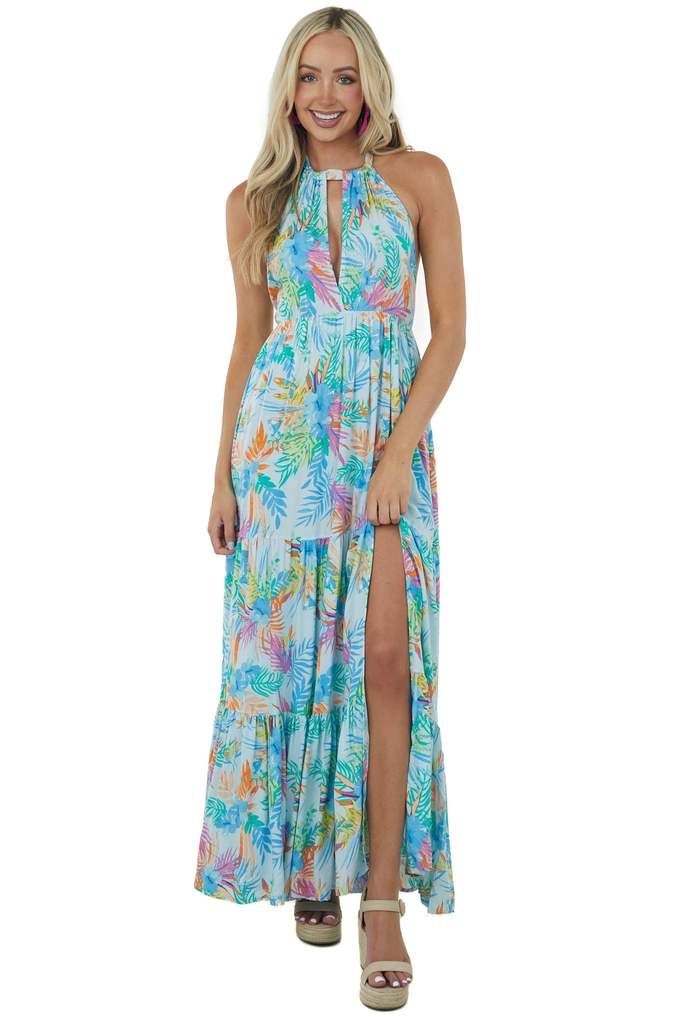 Pastel Blue Tropical Floral Halter Neck Maxi Dress