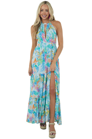 Pastel Blue Tropical Floral Halter Neck Maxi Dress
