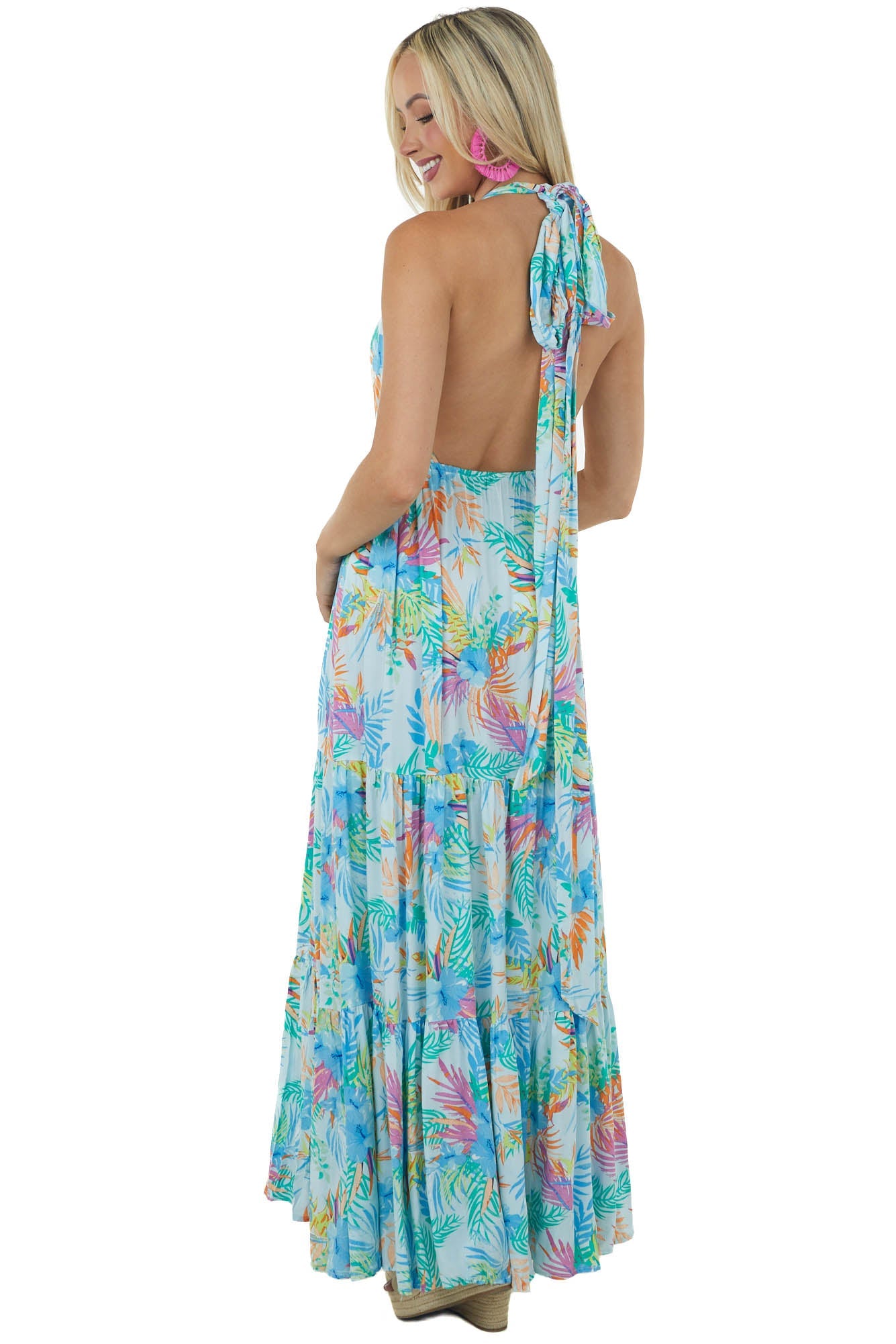 Pastel Blue Tropical Floral Halter Neck Maxi Dress