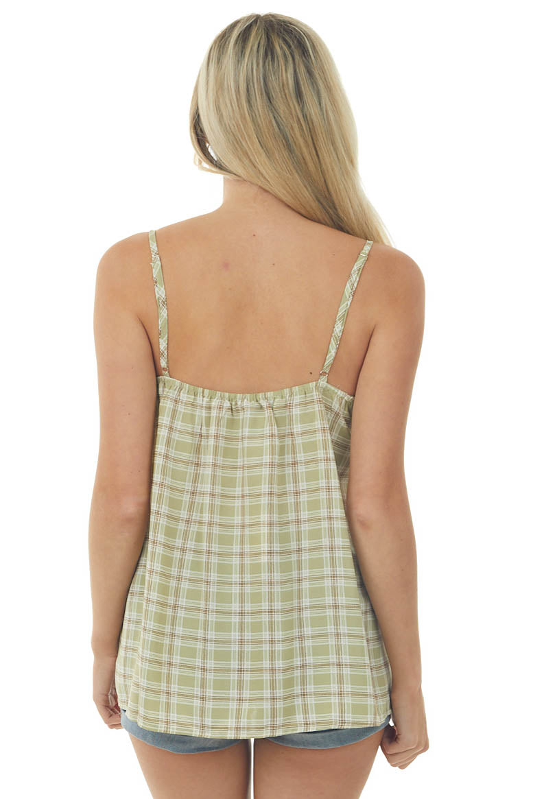Pastel Olive Plaid Babydoll Tank Top with Smocked Detail