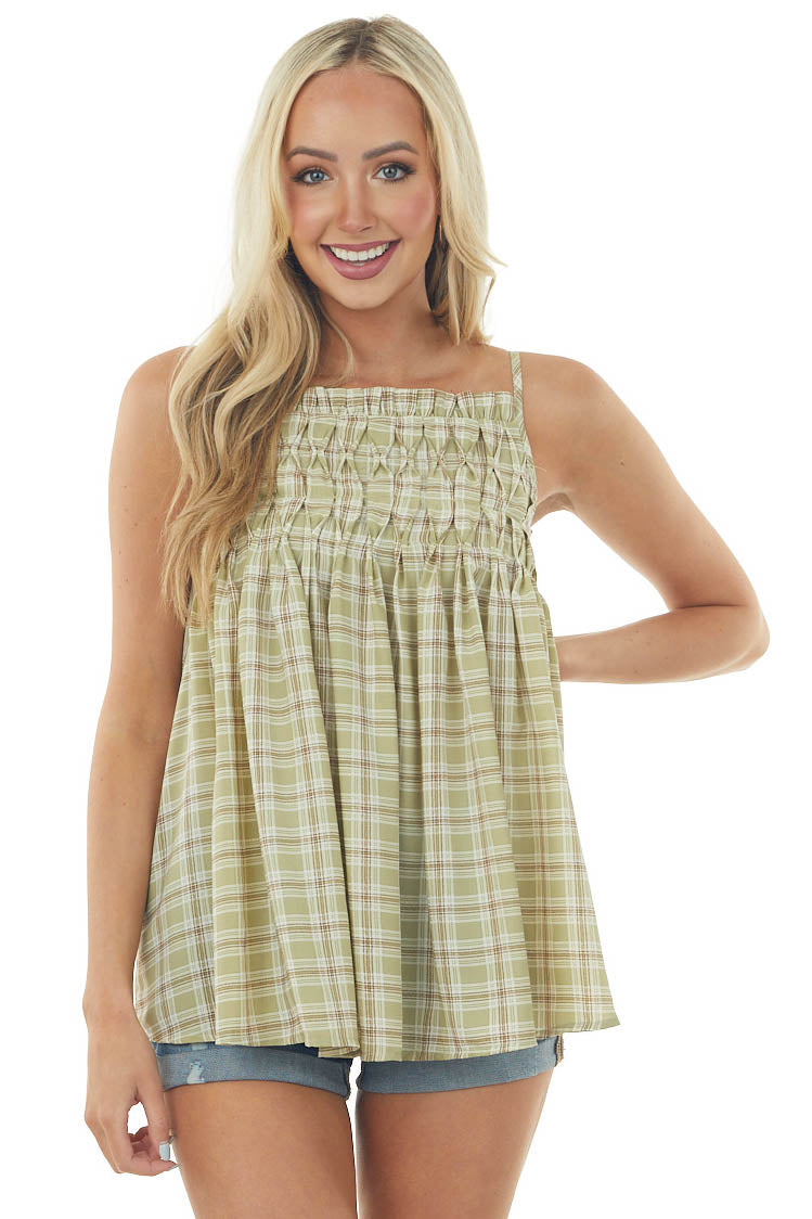 Pastel Olive Plaid Babydoll Tank Top with Smocked Detail