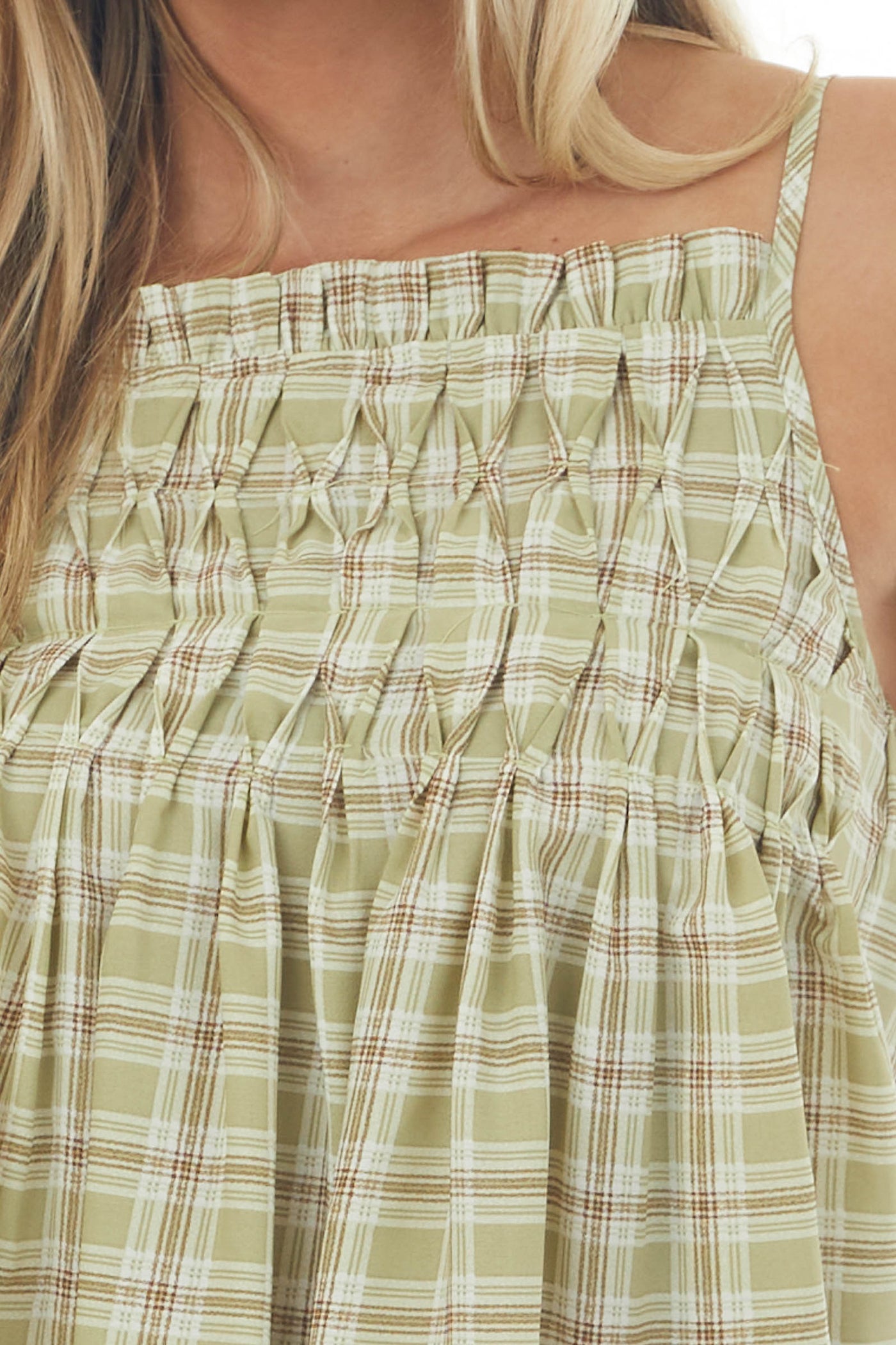 Pastel Olive Plaid Babydoll Tank Top with Smocked Detail