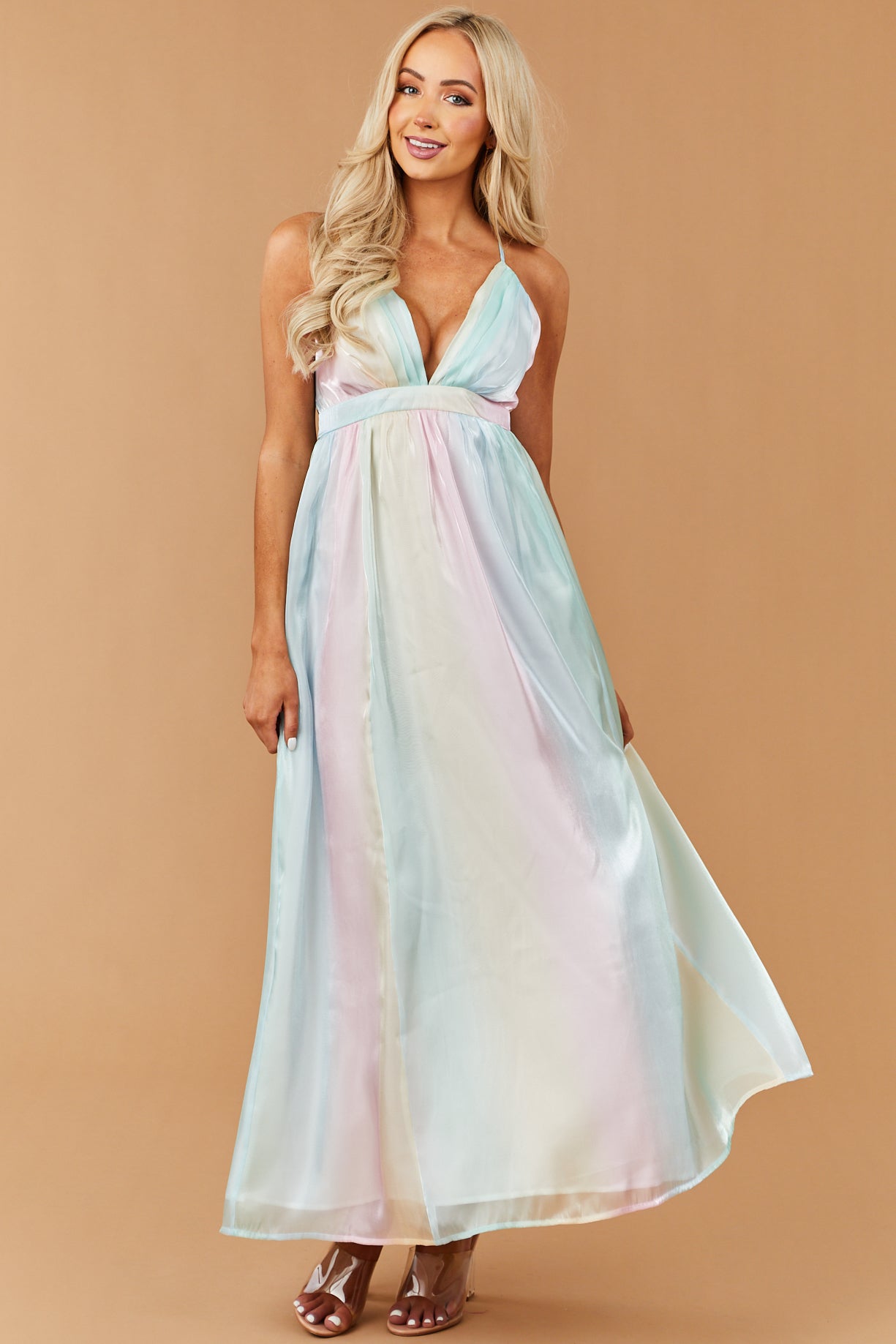 Pastel Rainbow Sleeveless Shimmery Maxi Dress