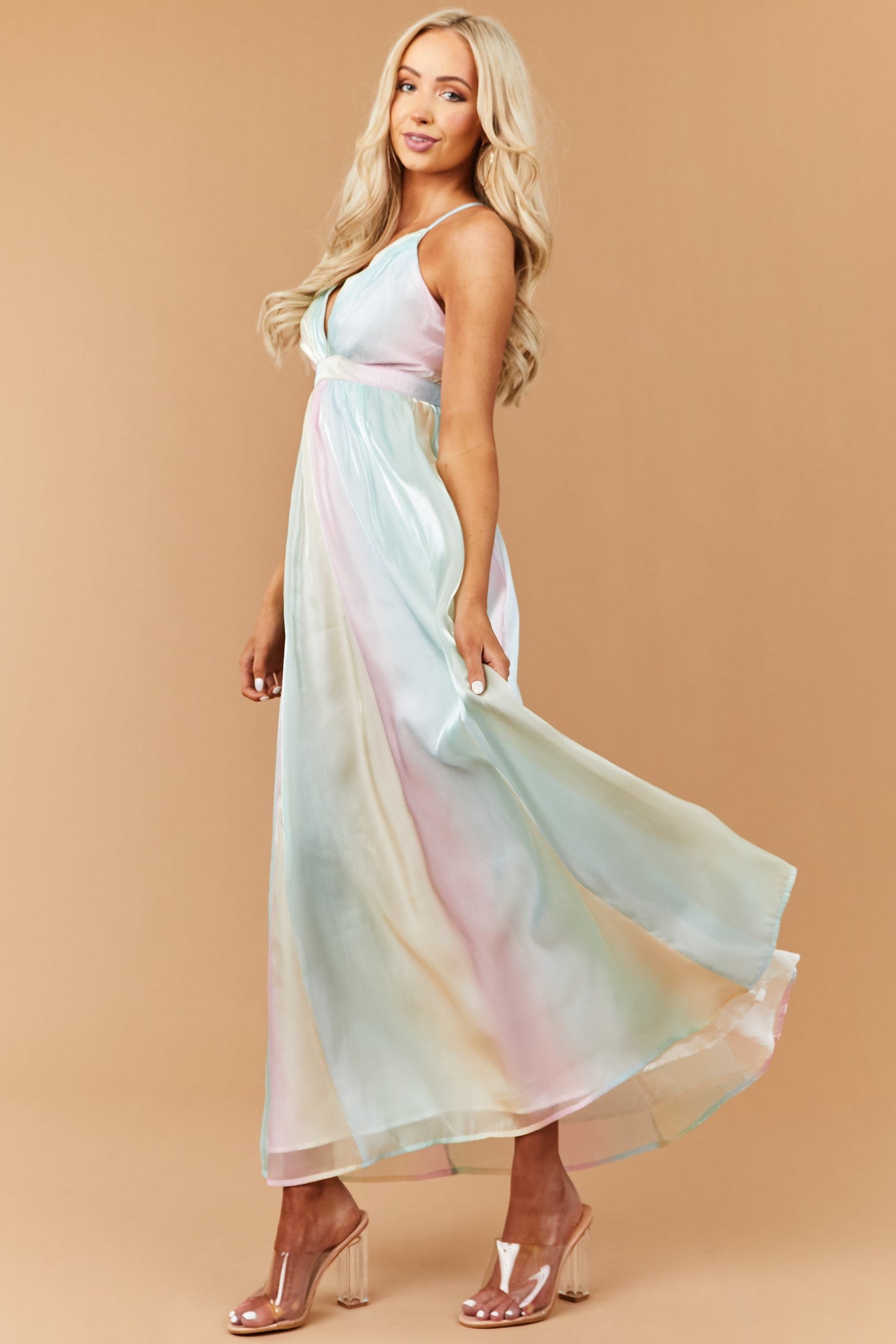 Pastel Rainbow Sleeveless Shimmery Maxi Dress