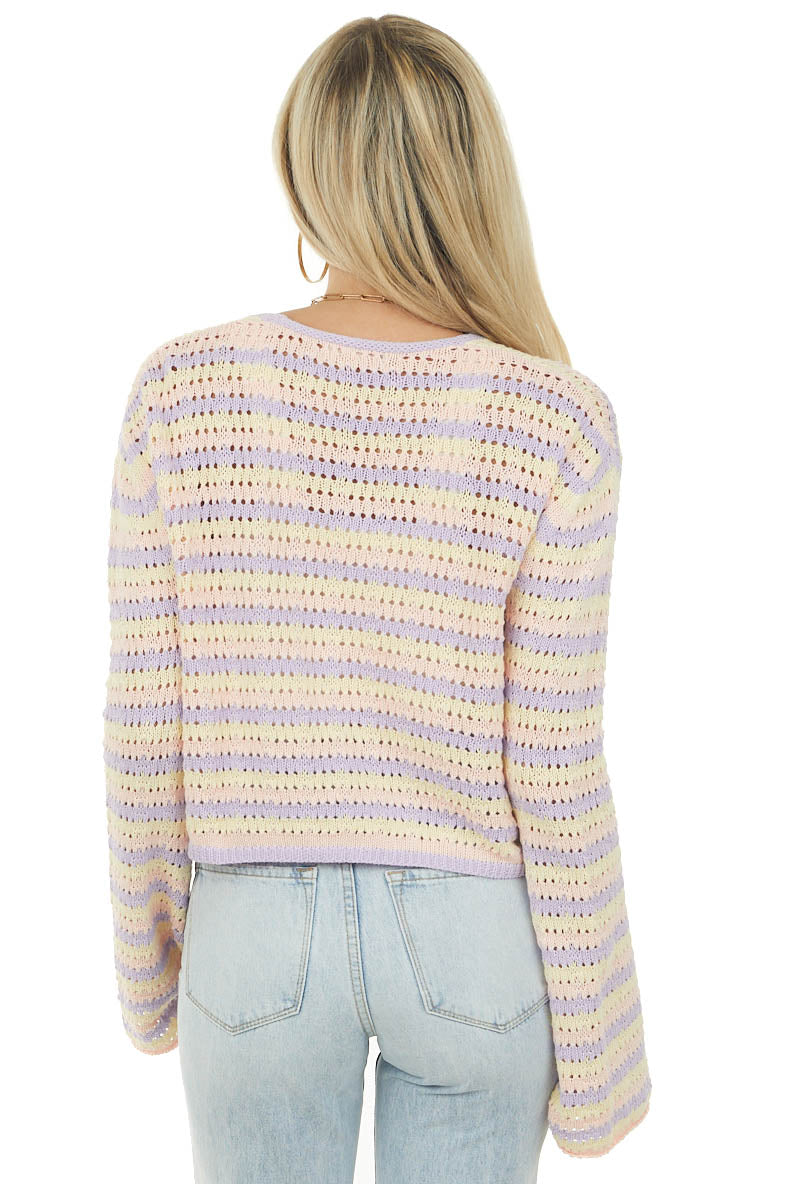 Pastel Striped Pointelle Bell Sleeve Cardigan