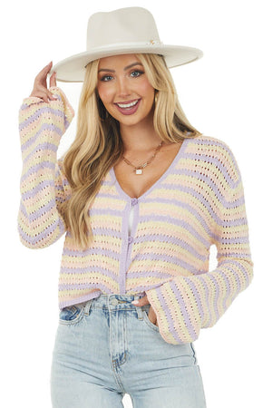 Pastel Striped Pointelle Bell Sleeve Cardigan