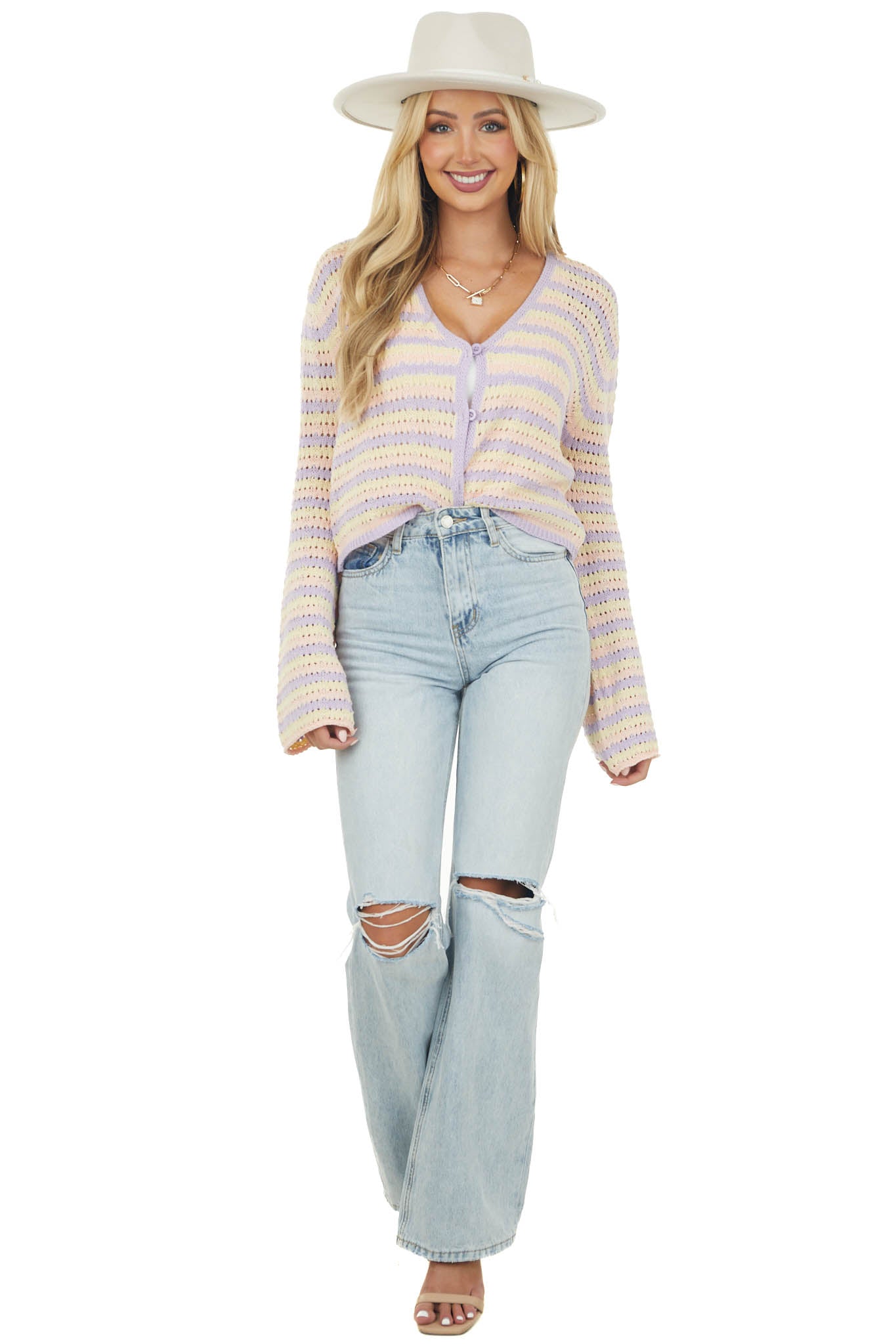 Pastel Striped Pointelle Bell Sleeve Cardigan