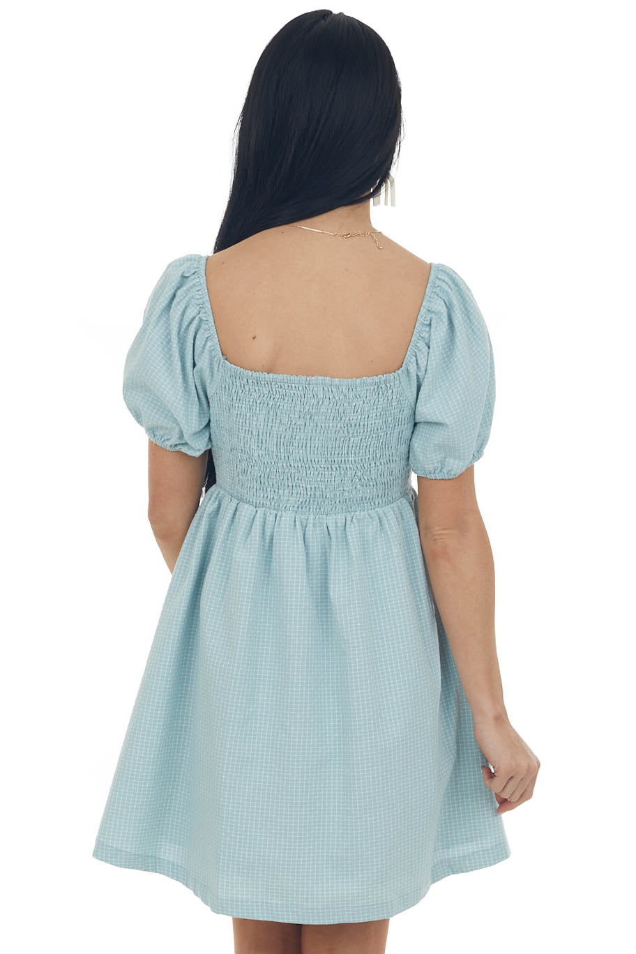 Pastel Turquoise Gingham Babydoll Mini Dress