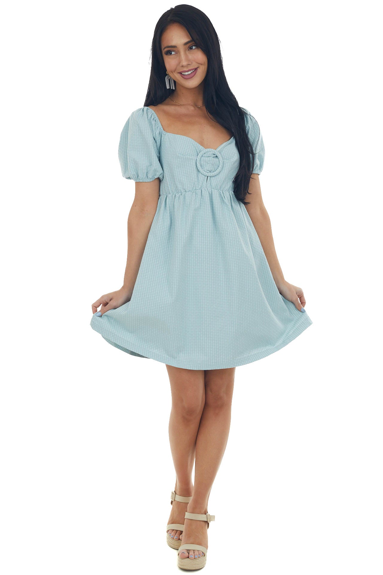 Pastel Turquoise Gingham Babydoll Mini Dress