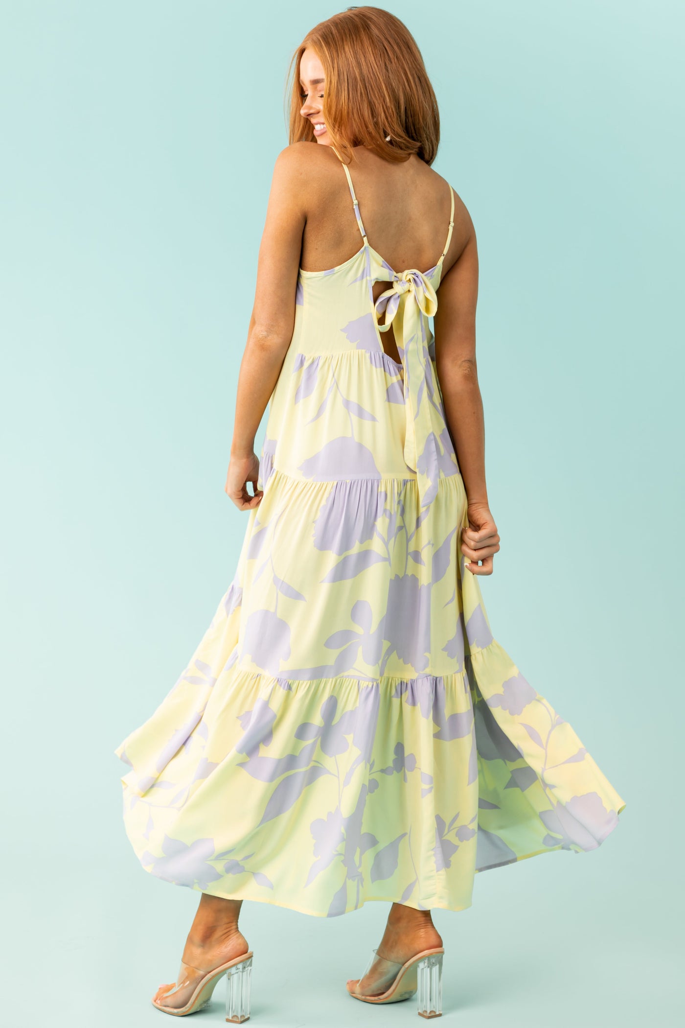 Pastel Yellow Floral Print Tiered Maxi Dress