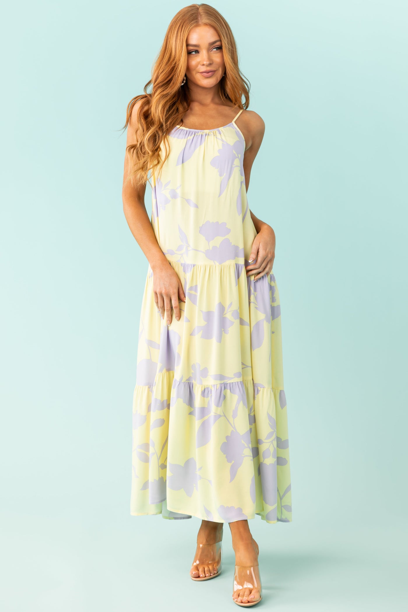 Pastel Yellow Floral Print Tiered Maxi Dress