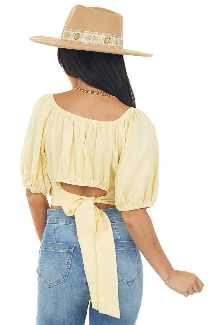 Pastel Yellow Puff Sleeve Surplice Tie Back Top