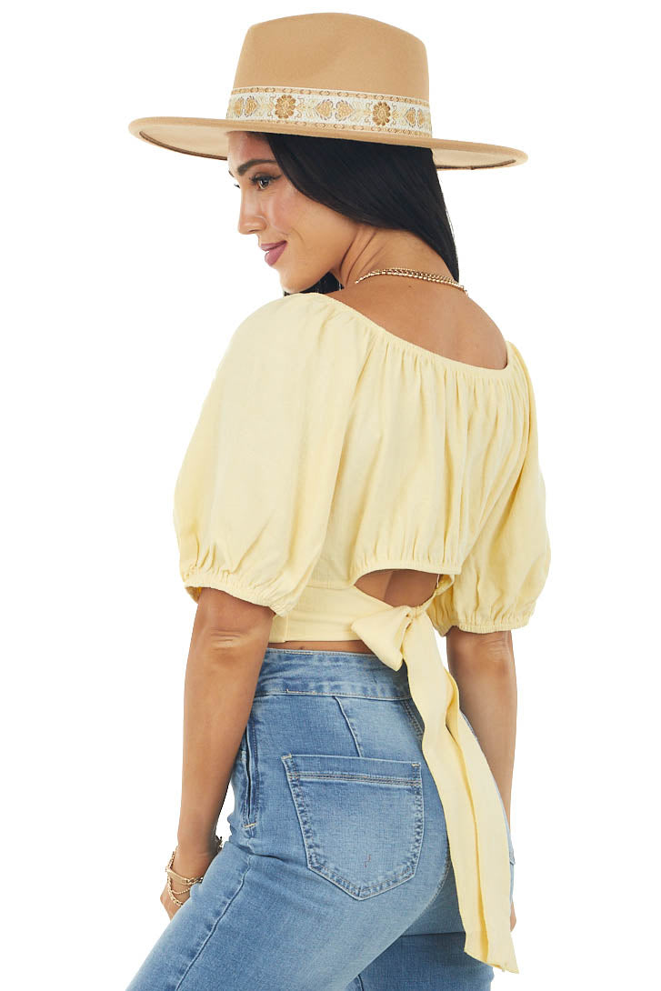 Pastel Yellow Puff Sleeve Surplice Tie Back Top