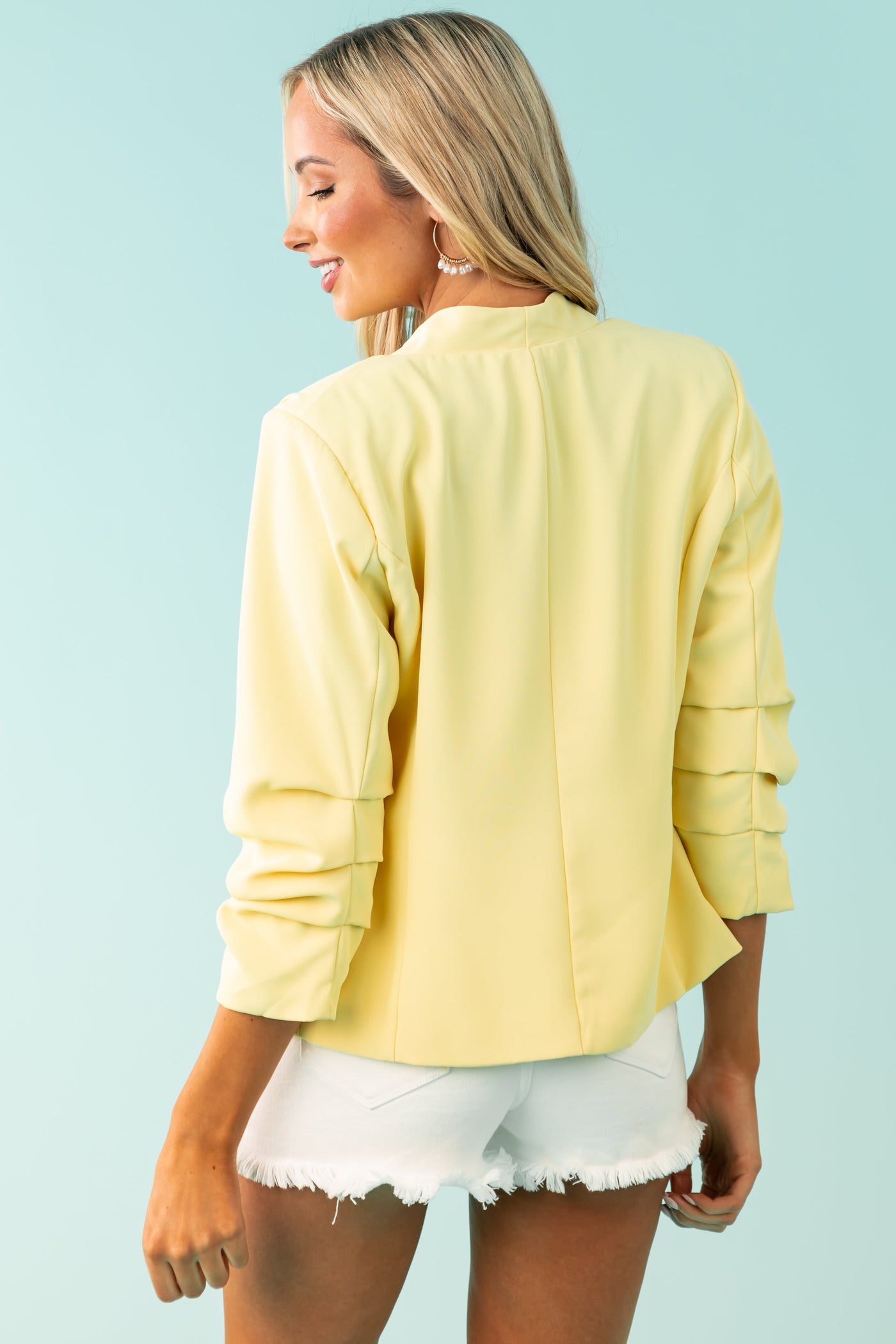 Pastel Yellow Ruched Sleeve Open Front Blazer