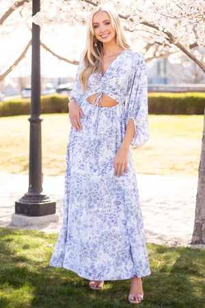 Pastel Blue Floral Print Cut Out Maxi Dress