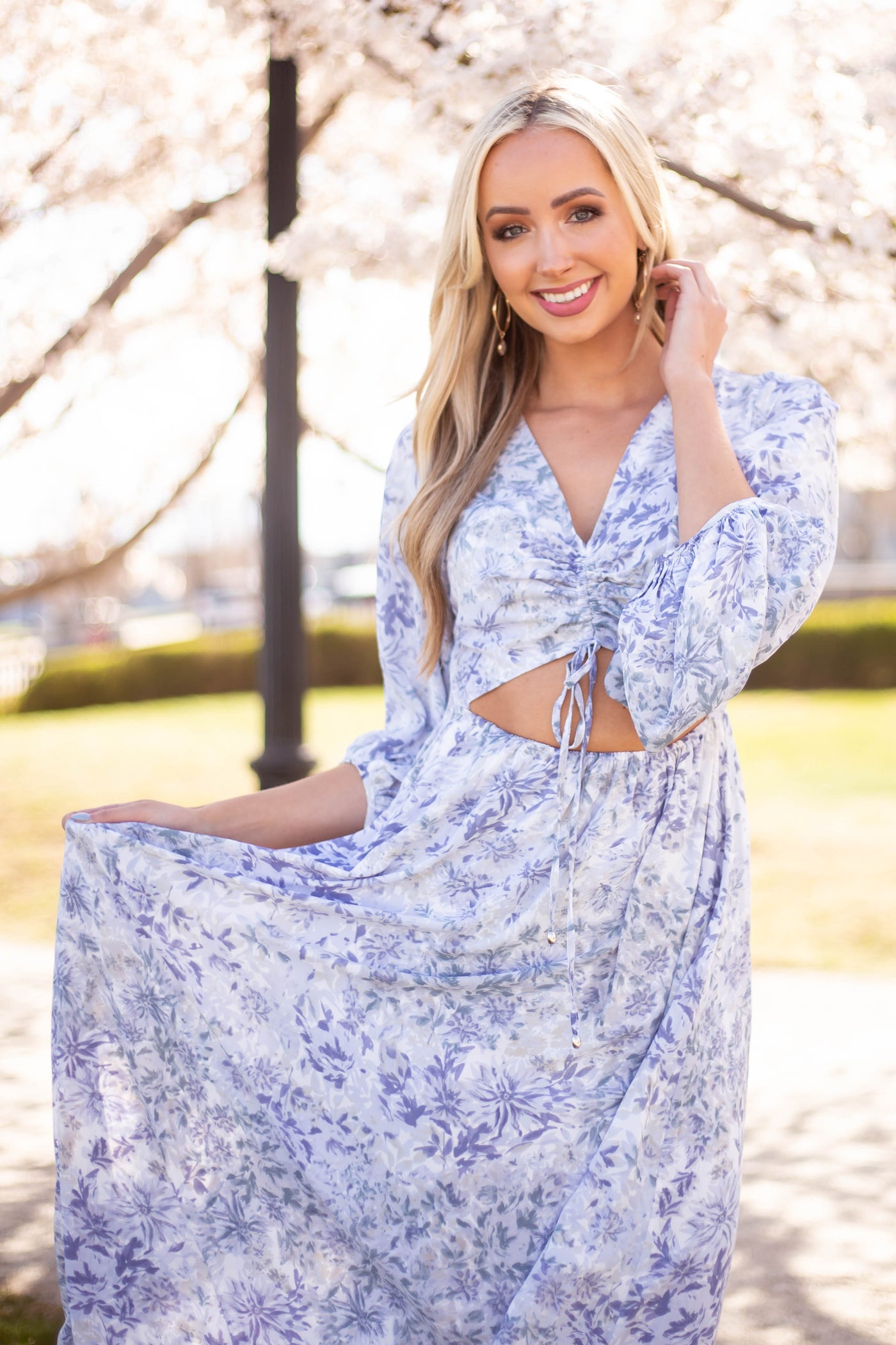 Pastel Blue Floral Print Cut Out Maxi Dress