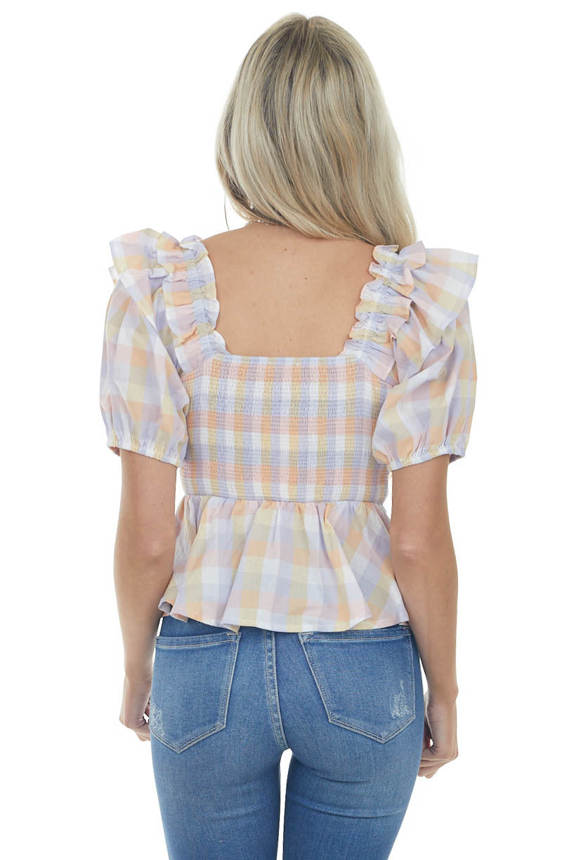 Peach Checkered Puff Sleeve Smocked Blouse