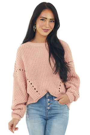Peach Chenille Bubble Sleeve Cut Out Sweater