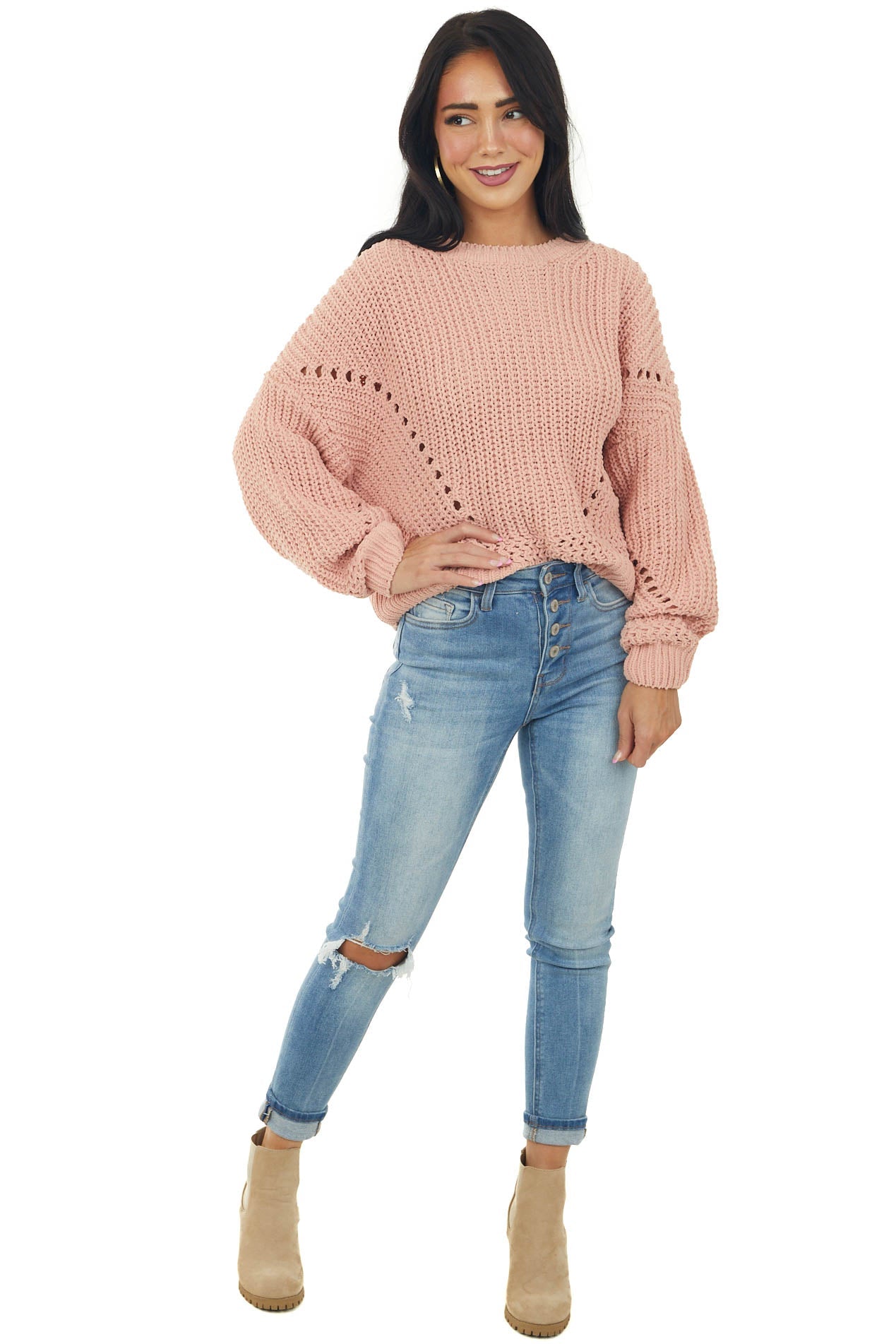 Peach Chenille Bubble Sleeve Cut Out Sweater