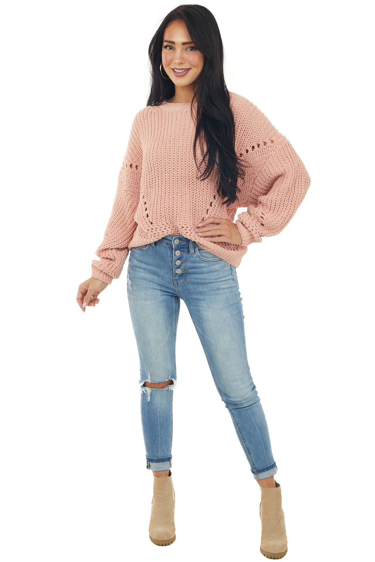 Peach Chenille Bubble Sleeve Cut Out Sweater